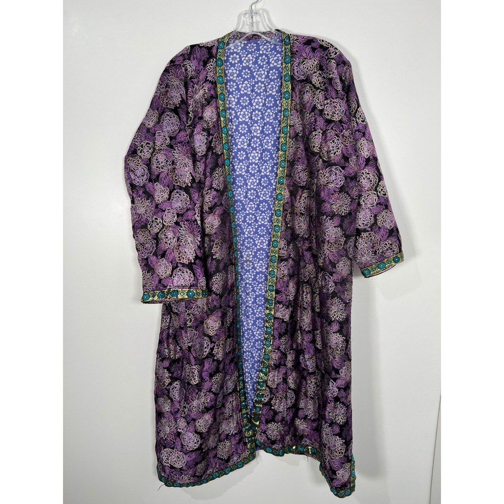 Vintage Purple Floral Embroidered Kantha Duster Robe Kimono Whimsigoth Dopamine